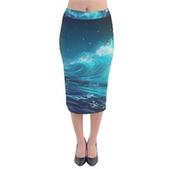 Tsunami Waves Ocean Sea Nautical Nature Water Velvet Midi Pencil Skirt by uniart180623