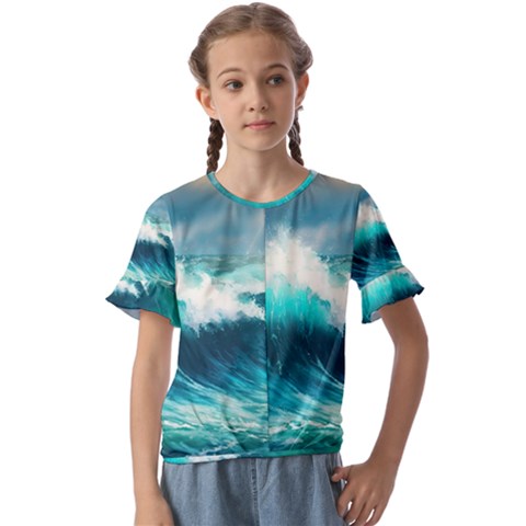 Waves Ocean Sea Tsunami Nautical Painting Kids  Cuff Sleeve Scrunch Bottom Tee by uniart180623