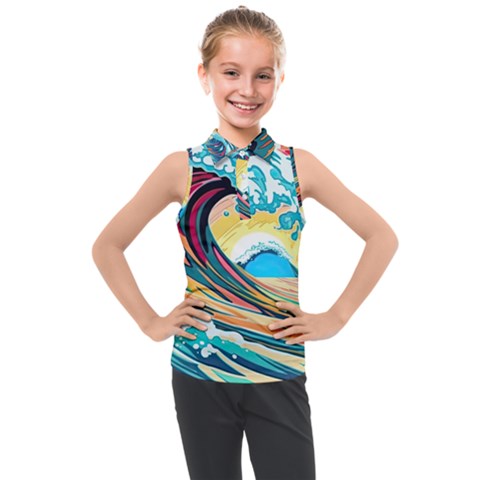 Waves Ocean Sea Tsunami Nautical Arts Kids  Sleeveless Polo Tee by uniart180623