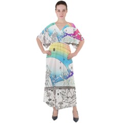 Rainbow Fun Cute Minimal Doodle Drawing Arts V-neck Boho Style Maxi Dress by uniart180623