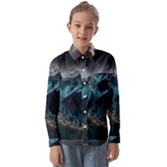 Tsunami Waves Ocean Sea Water Rough Seas Kids  Long Sleeve Shirt by uniart180623