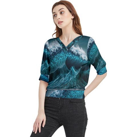 Tsunami Waves Ocean Sea Water Rough Seas Quarter Sleeve Blouse by uniart180623