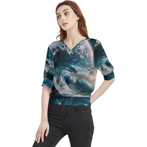 Tsunami Waves Ocean Sea Water Rough Seas Quarter Sleeve Blouse by uniart180623