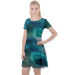 Tsunami Waves Ocean Sea Water Rough Seas Cap Sleeve Velour Dress  by uniart180623