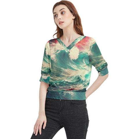 Storm Tsunami Waves Ocean Sea Nautical Nature Painting Quarter Sleeve Blouse by uniart180623