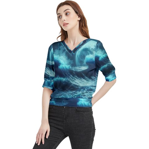 Moonlight High Tide Storm Tsunami Waves Ocean Sea Quarter Sleeve Blouse by uniart180623