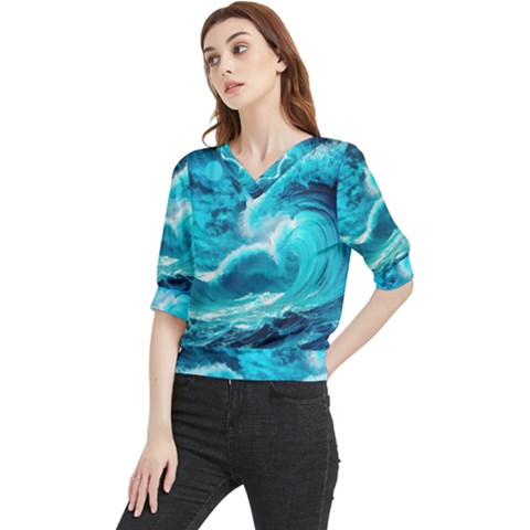 Ai Generated Waves Ocean Sea Tsunami Nautical Sea Quarter Sleeve Blouse by uniart180623