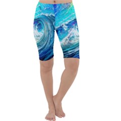 Tsunami Waves Ocean Sea Nautical Nature Water Painting Cropped Leggings  by uniart180623