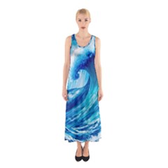 Tsunami Tidal Wave Ocean Waves Sea Nature Water Blue Painting Sleeveless Maxi Dress by uniart180623