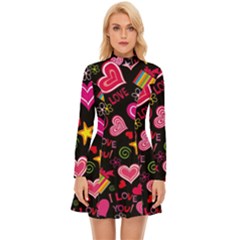 Multicolored Love Hearts Kiss Romantic Pattern Long Sleeve Velour Longline Dress by uniart180623