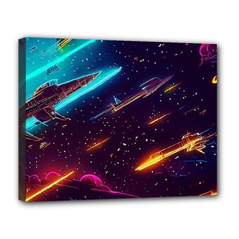 Night Sky Neon Spaceship Drawing Canvas 14  X 11  (stretched) by Ravend