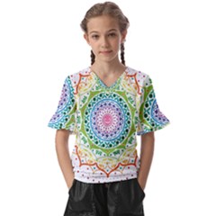 Mandala Pattern Rainbow Pride Kids  V-neck Horn Sleeve Blouse by Ravend