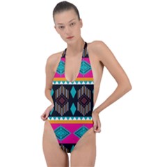 Abstract Art Pattern Design Vintage Backless Halter One Piece Swimsuit by Ravend