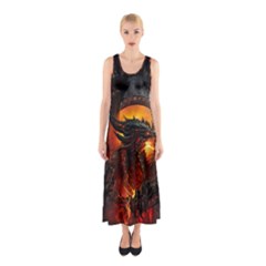 Dragon Art Fire Digital Fantasy Sleeveless Maxi Dress by Celenk