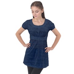 Digital Dark Blue Linen Puff Sleeve Tunic Top by ConteMonfrey