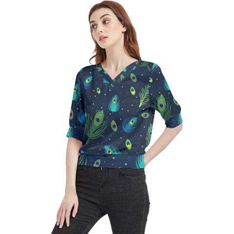 Blue Background Pattern Feather Peacock Quarter Sleeve Blouse by uniart180623