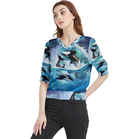 Orca Wave Water Underwater Sky Quarter Sleeve Blouse by uniart180623