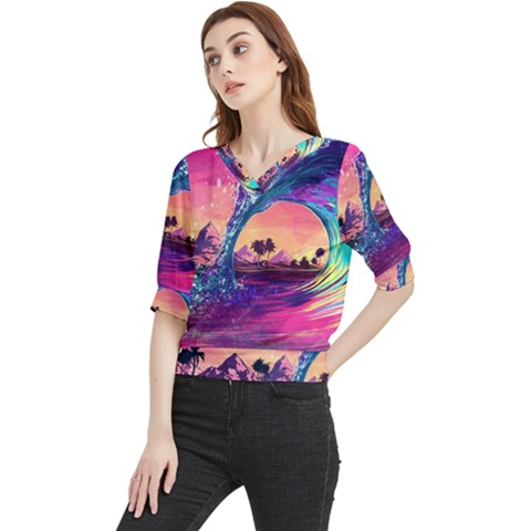 Retro Wave Ocean Quarter Sleeve Blouse by uniart180623