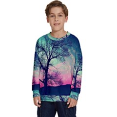 Tree Abstract Field Galaxy Night Nature Kids  Crewneck Sweatshirt by uniart180623