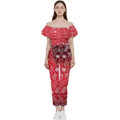 Christmas Pattern Red Bardot Ruffle Jumpsuit by uniart180623