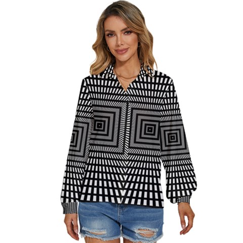 Focus Squares Optical Illusion Women s Long Sleeve Button Up Shirt by uniart180623