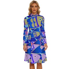 Sea Fish Illustrations Long Sleeve Shirt Collar A-line Dress by Mariart