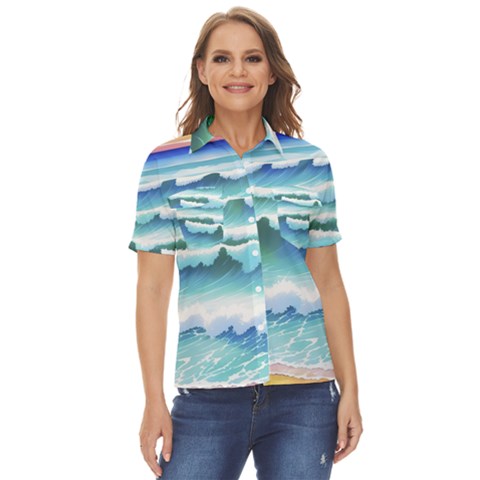 Ocean Sea Waves Beach Women s Short Sleeve Double Pocket Shirt by Simbadda