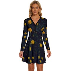 Bloomed Yellow Petaled Flower Plants Long Sleeve Deep V Mini Dress  by artworkshop