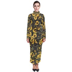 Sunflowers Yellow Flowers Flowers Digital Drawing Turtleneck Maxi Dress by Simbadda