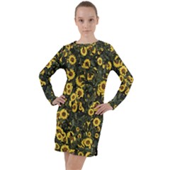 Sunflowers Yellow Flowers Flowers Digital Drawing Long Sleeve Hoodie Dress by Simbadda