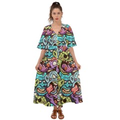 Zombie Heads Pattern Kimono Sleeve Boho Dress by Simbadda