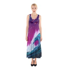 Tsunami Waves Ocean Sea Nautical Nature Water Unique Sleeveless Maxi Dress by Simbadda