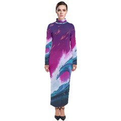 Tsunami Waves Ocean Sea Nautical Nature Water Unique Turtleneck Maxi Dress by Simbadda