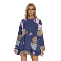 Cute Kittens Sleep Sweetly Mugs Round Neck Long Sleeve Bohemian Style Chiffon Mini Dress by Simbadda