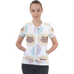 Cute Cat Seamless Pattern Background Short Sleeve Zip Up Jacket by Simbadda