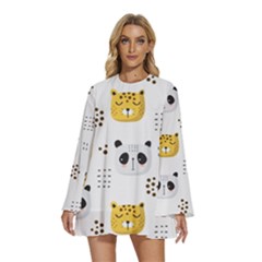 Seamless Pattern Cute Animals Round Neck Long Sleeve Bohemian Style Chiffon Mini Dress by Simbadda