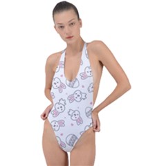 Cute Pattern With Easter Bunny Egg Backless Halter One Piece Swimsuit by Simbadda