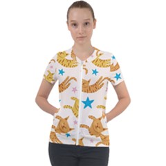 Cute Cats Seamless Pattern With Stars Funny Drawing Kittens Short Sleeve Zip Up Jacket by Simbadda