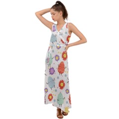 Easter Seamless Pattern With Cute Eggs Flowers V-neck Chiffon Maxi Dress by Simbadda