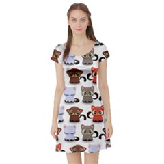 Seamless Pattern With Cute Little Kittens Various Color Short Sleeve Skater Dress by Simbadda