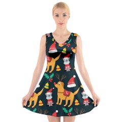 Funny Christmas Pattern Background V-neck Sleeveless Dress by Simbadda