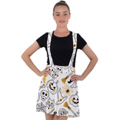 Funny Hand Drawn Halloween Pattern Velvet Suspender Skater Skirt by Simbadda