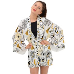 Funny Hand Drawn Halloween Pattern Long Sleeve Kimono by Simbadda