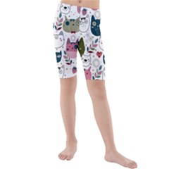 Pattern With Cute Cat Heads Kids  Mid Length Swim Shorts by Simbadda