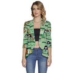 Seamless Pattern Fishes Pirates Cartoon Women s 3/4 Sleeve Ruffle Edge Open Front Jacket by Simbadda