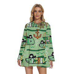 Seamless Pattern Fishes Pirates Cartoon Round Neck Long Sleeve Bohemian Style Chiffon Mini Dress by Simbadda