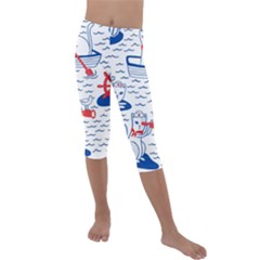 Nautical Cats Seamless Pattern Kids  Lightweight Velour Capri Leggings  by Simbadda