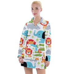 Seamless Pattern Vector With Animals Cartoon Women s Long Sleeve Casual Dress by Simbadda