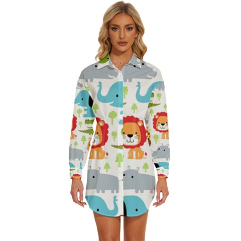 Seamless Pattern Vector With Animals Cartoon Womens Long Sleeve Shirt Dress by Simbadda