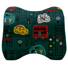 Seamless Pattern Hand Drawn With Vehicles Buildings Road Velour Head Support Cushion by Simbadda